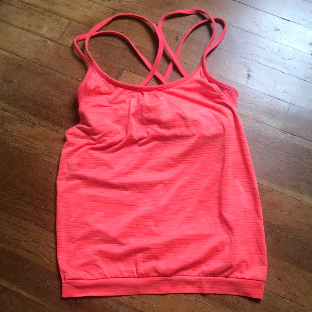 Fluorescent orange/pink Athleta bralette and top